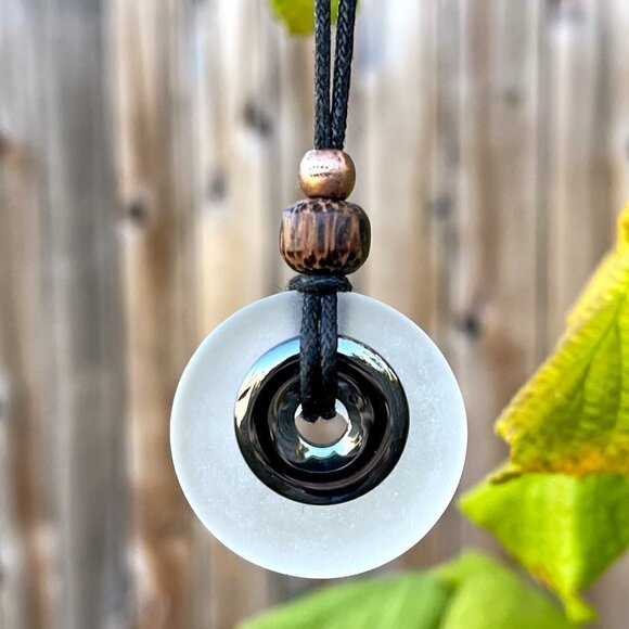 Hematite & White Sea Glass Pendant | Handmade - Picture 4 of 5